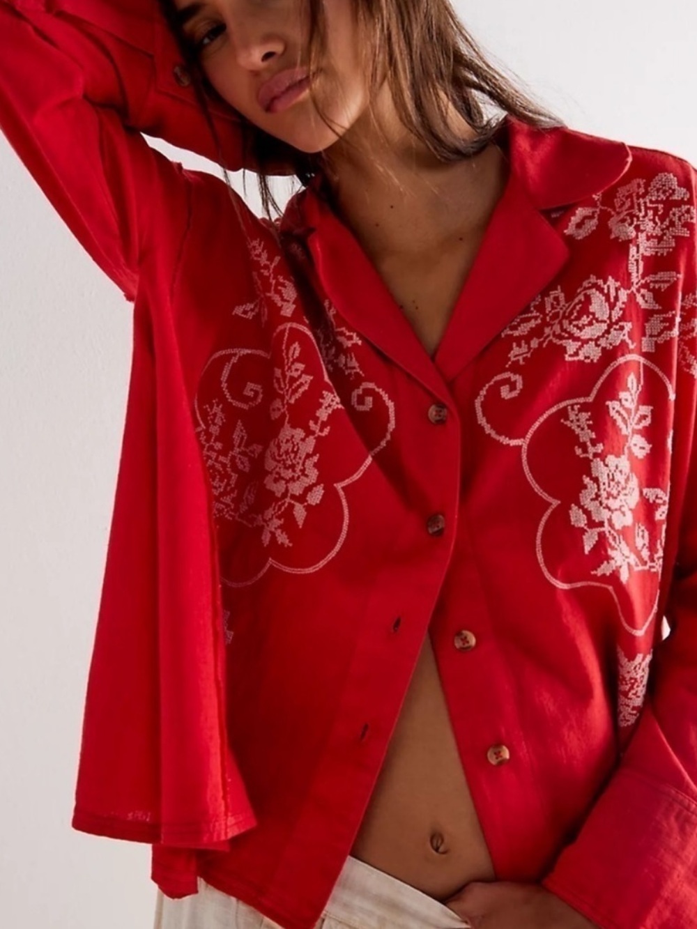 We The Free Cross Stitch Embroidered red  cotton linen blend shirt RARE